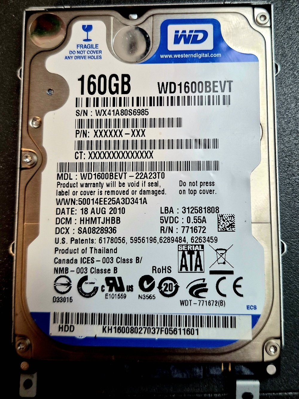 Western Digital WD1600BEVT 160GB 2.5in Internal Hard Drive